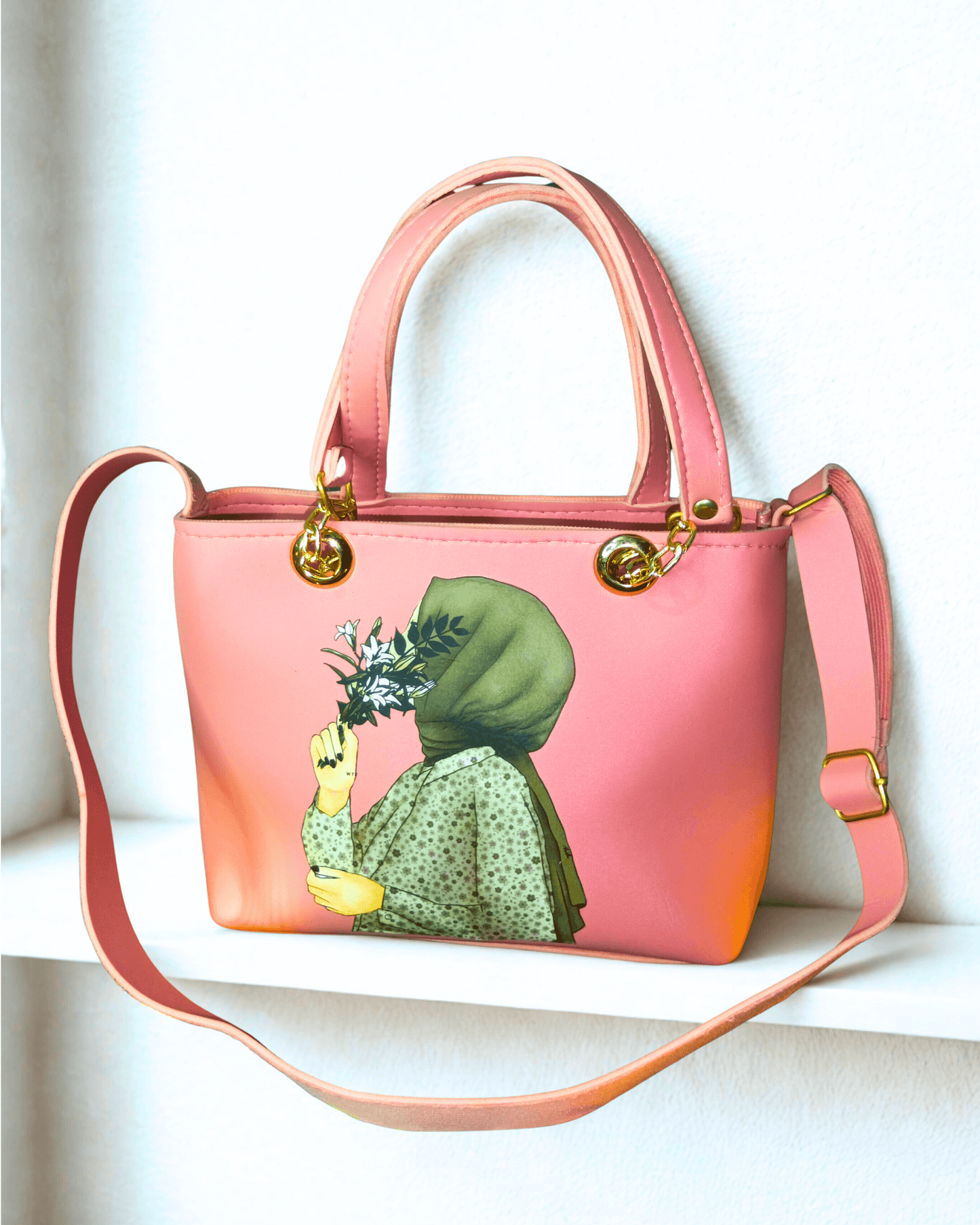 Pink Color Trendy Handbag with Hijabi Girl Print for Women - SH Spark PK