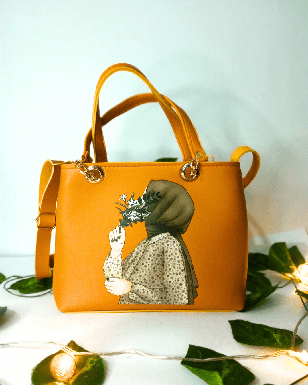 Yellow Color Trendy Handbag with Hijabi Girl Print for Women - SH Spark PK