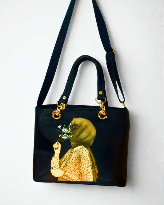 Dark Grey Color Trendy Handbag with Hijabi Girl Print for Women