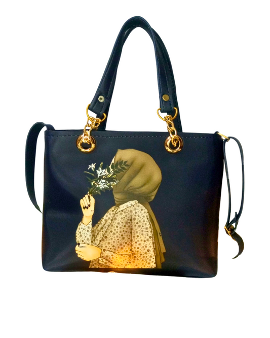 Dark Grey Color Trendy Handbag with Hijabi Girl Print for Women
