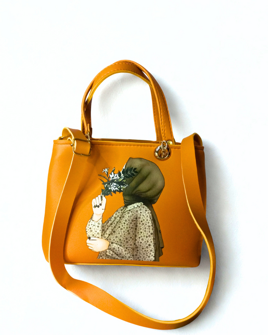 Yellow Color Trendy Handbag with Hijabi Girl Print for Women
