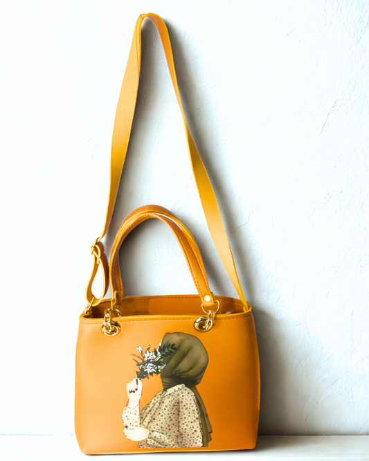Yellow Color Trendy Handbag with Hijabi Girl Print for Women