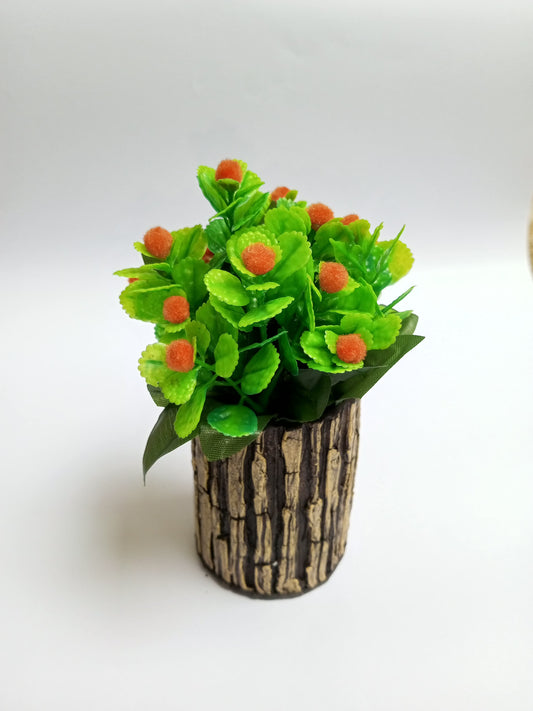 Beautiful Pots with Wood Like Design with Artificial Leaves and Fruits